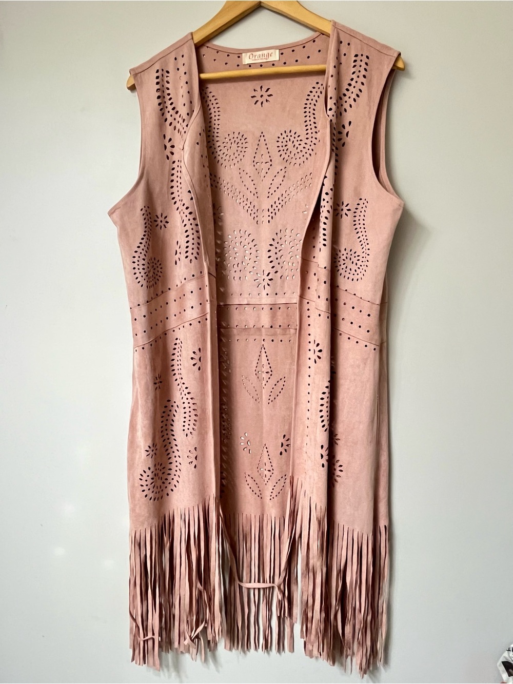 Dusty Rose Suede Fringe Laser Cut Vest Dress